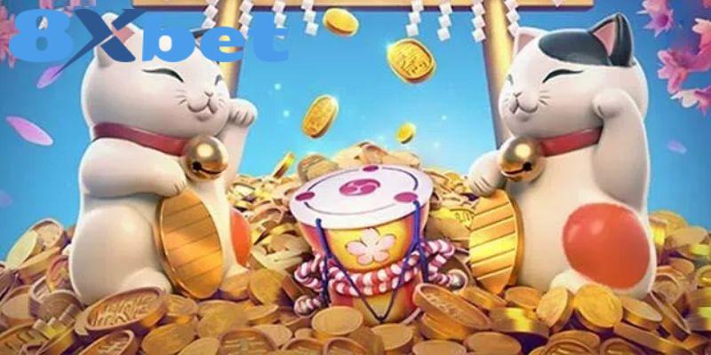 Neko May Mắn 8xbet với biểu tượng mèo thần tài và giao diện phong cách Nhật Bản